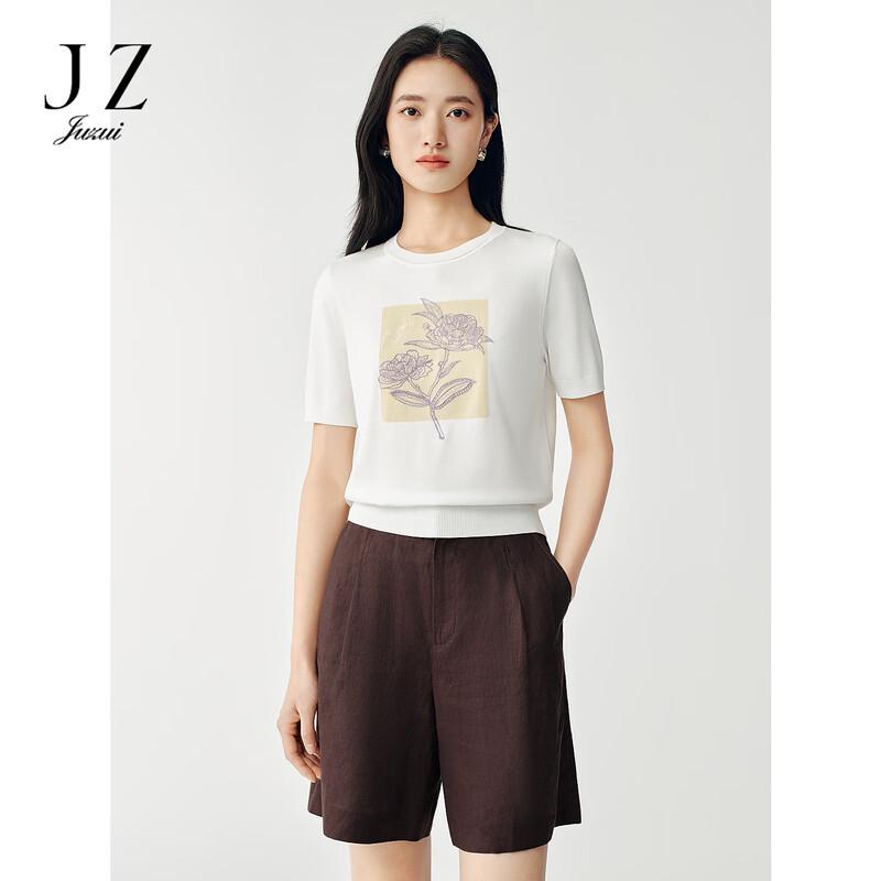 JUZUI Women s Elegant Embroidered Knit Short Sleeve Top M