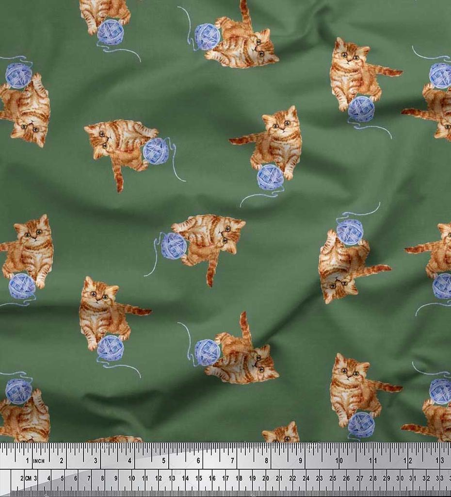 Soimoi Japan Crepe Satin Fabric Wool & Cat Animal Print Fabric by the Metre 42 Inch