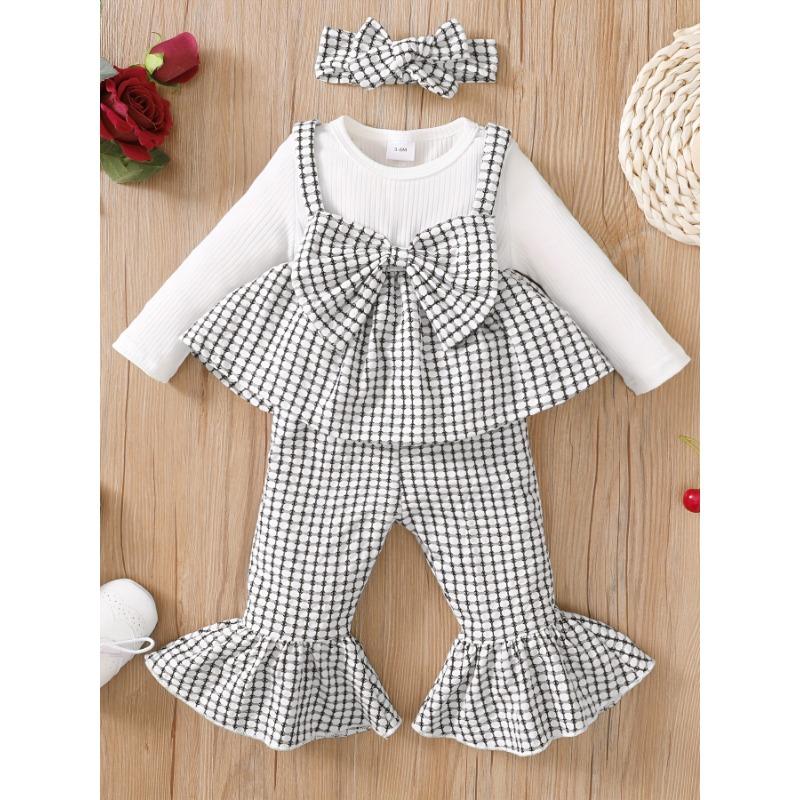 Toddler Baby Girls All-match Cute Bow Plaid Long Sleeve Dress Top & Flared Trousers Set, Kid's Patry Casual Clothes