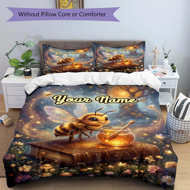 3PC Custom Name Bee Book Honeycomb Bedding Set Duvet Cover Closure Includes 1 Duvet Cover & 2 Pillowcases for Bedroom