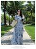 Women's Summer French V-neck Blue Floral Long Sleeve Chiffon Dress