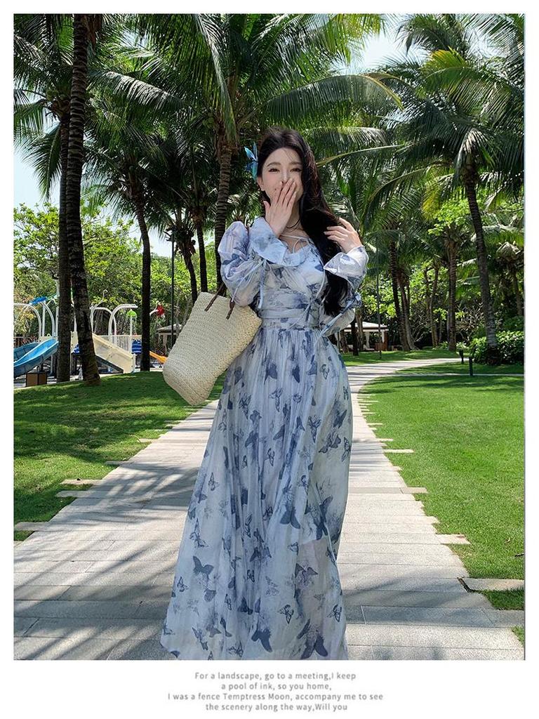 Women's Summer French V-neck Blue Floral Long Sleeve Chiffon Dress