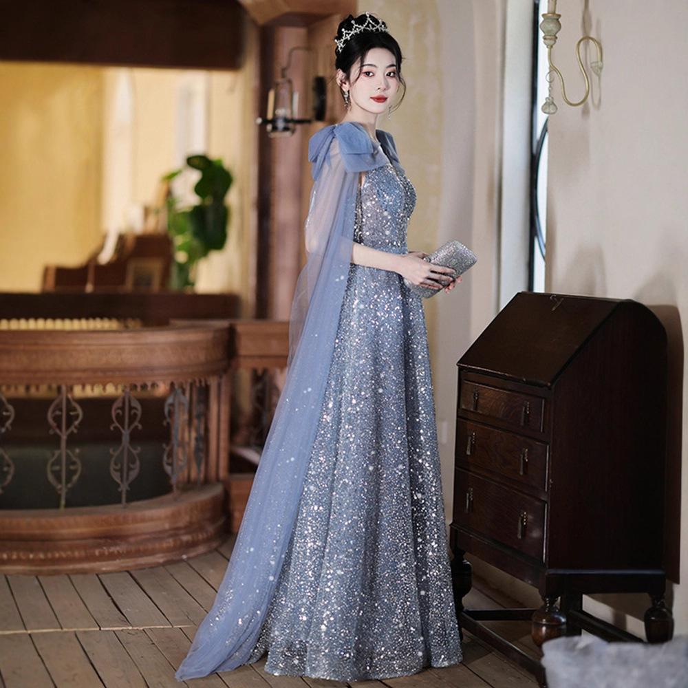 Blue evening dress dress women's new light luxury niche guzheng performance suit host catwalk long dress