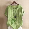 Women's Fashion Round Neck Short Sleeve T-shirt Casual Cotton Linen Graphic Shirt Leisure Loose Green Plants Prined Summer Blouse Tops