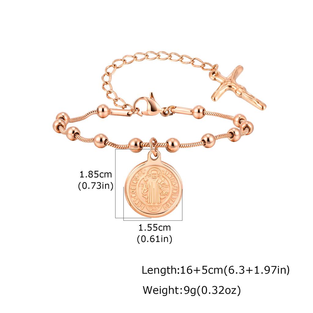 Edelstahl St. Benediktusmedaille Perlenkettenarmband Vergoldet Religiöses Kreuz Katholischer Schmuck Anlaufgeschützt Taufe Geschenk