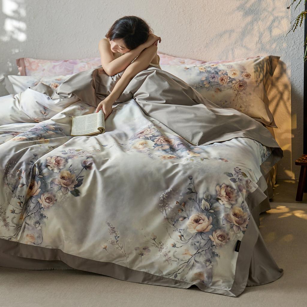 Light Luxury Class A 100S Long-Staple Cotton Satin Flower Digital Printing Four-Piece Set Bed Sheet Quilt Cover Bedding