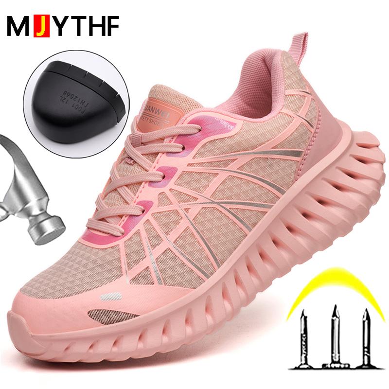 Pink Women'S Work Safety Shoes Anti-Smash Anti Puncture Work Sneakers Steel Toe Shoes Lightweight Comfort Protection Shoes New