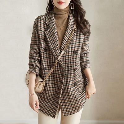 Suit Collar Houndstooth Woolen Coat Women's Autumn and Winter New Fashion Sense Korean Version of Loose-fitting Woolen Children
