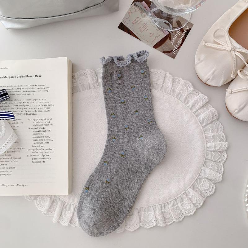 

Spring Children s Sock - Seamless Woven Floral Mesh Breathable Mid-high Ankle Cotton Socks with Bubble Cuffs and Pile Up Design 1 pair