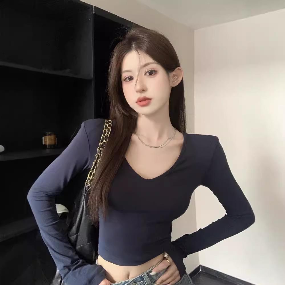 Black Spicy Girl V-neck Long Sleeve Shoulder Pad Top - Slim Fit Summer Innerwear