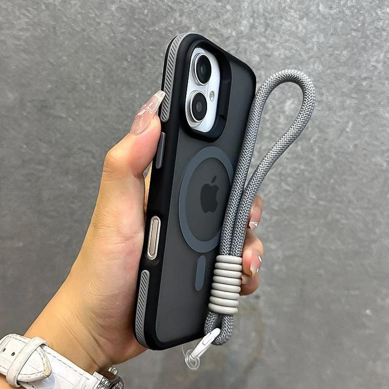 

Adorable Bright-Colored Lanyard Matte Translucent Shockproof Magnetic Case for IPhone 11 12 13 14 15 16 Pro Max Plus Cover Coque Case & Strap&iPhone 14