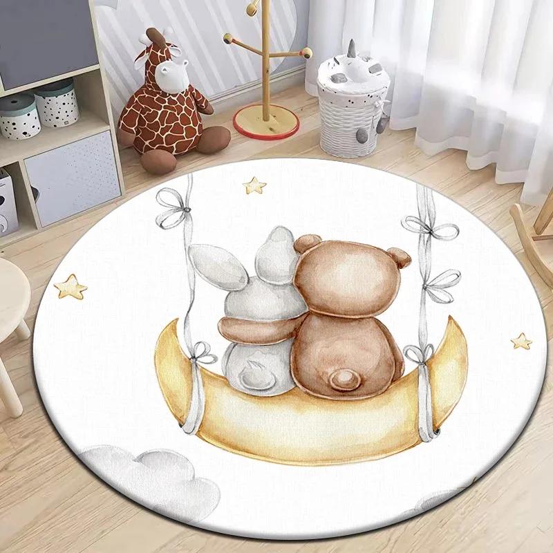 Cartoon Cute Little Bear Animals Round Carpet for Living Room Decor Kid's Bedroom Play Floor Mat Anti-Slip Camping Picnic Mats