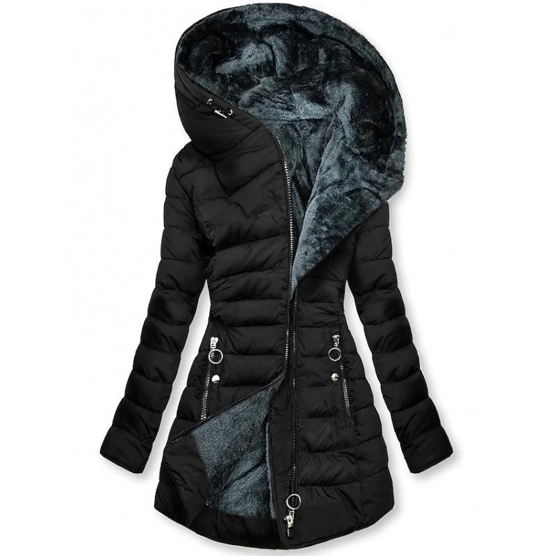Winter Fur Collar Zipper Long Sleeved Slim Fit Warm Hooded Jacket, Cotton Coat for Women
