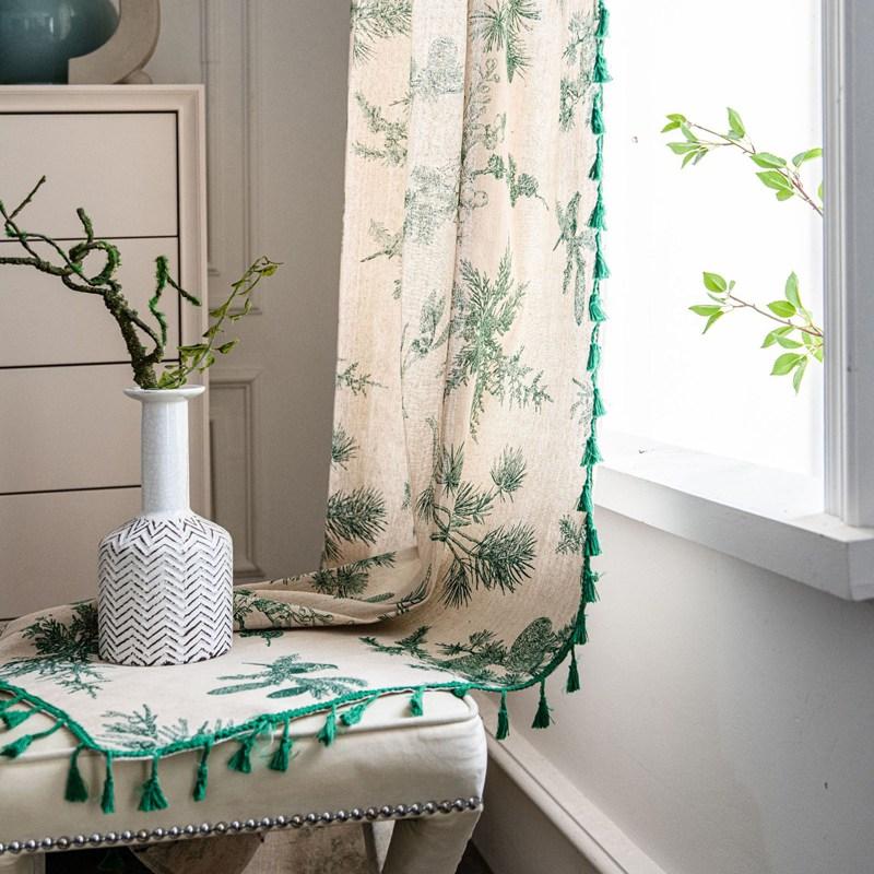 

Cotton Linen American Pine Print Window Curtain with Lace for The Luxury Bedroom Homestay Curtain Living Room Semi-shading Drape W150 x H160cm&Threading Rod