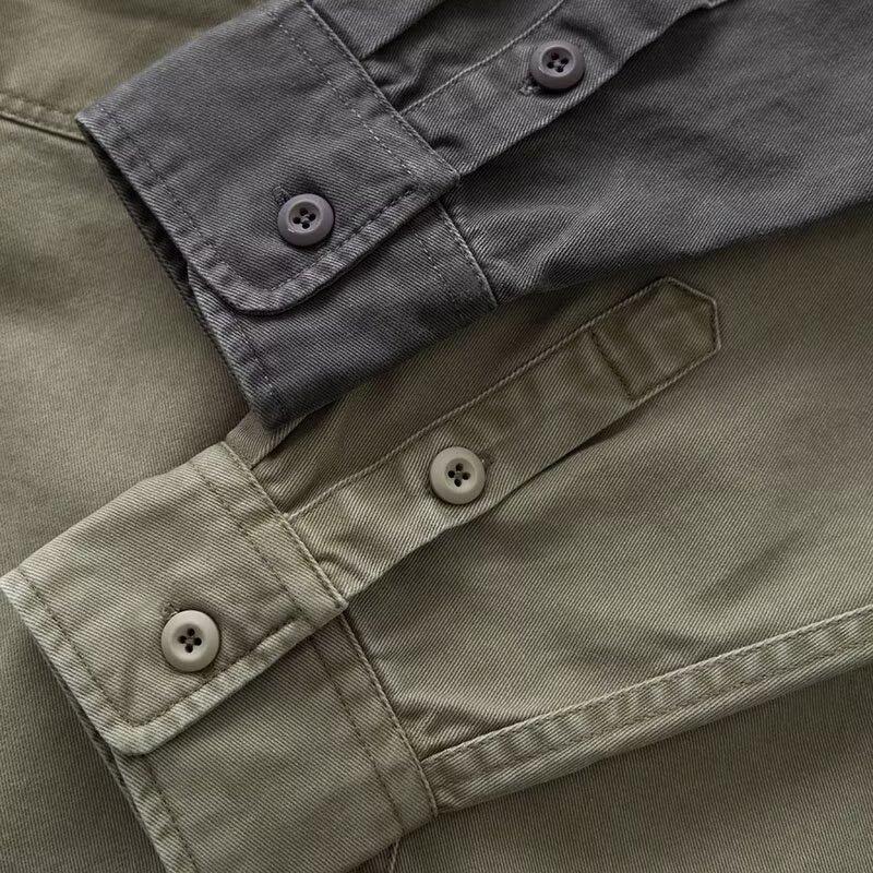 Trendy heavy-duty work shirt for men, thickened twill, loose fit, American retro style, spring and autumn, army green shirt jacket