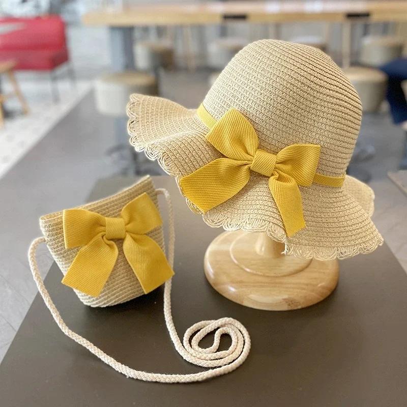 Kinderhut für Mädchen 2-7 Jahre Stroh Kinder Sonnenschutzkappe Tasche Sommer Baby Reise Sonnenschutz Strandhut Sonnen Fischerhut Modischer Stil