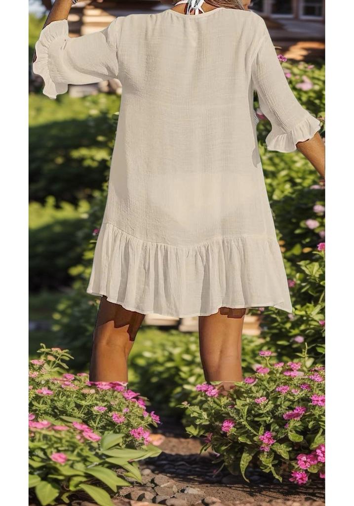 European & American Summer V-neck Ruffle Dress: Solid Color Beach Cover-up