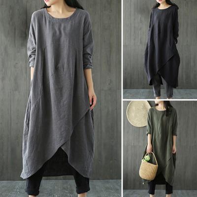 Women Dress Solid Color Loose Pullover Vintage Soft Dress-up Irregular Hem Plus Size Comfortable Summer Dress Female Clothes