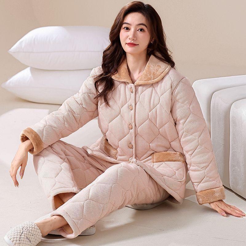 100% Reine Baumwolle Pyjama Damen Winter Dreilagig Verdickt Mittelalterliche Mutter Wattierte Jacke Warmes Loungewear-Set