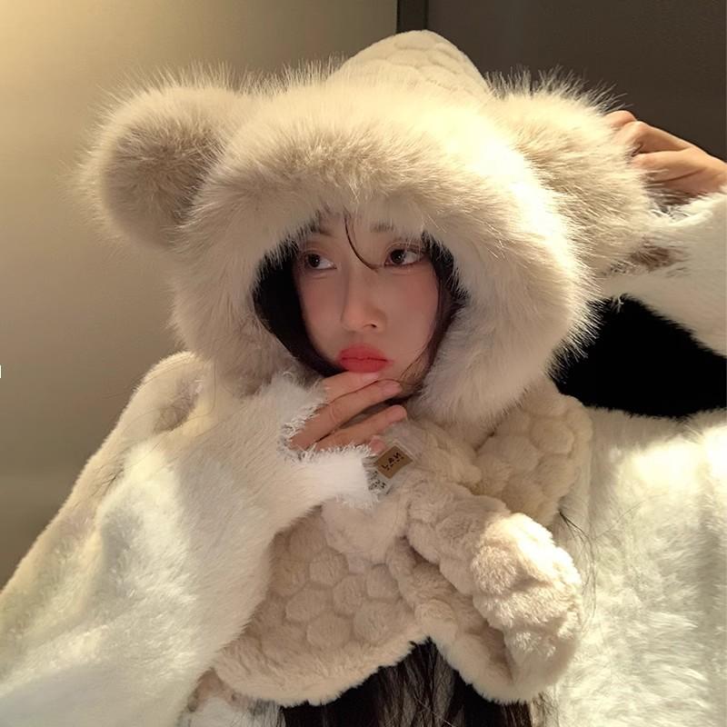 Bear plush hat women's winter scarf integrated warm thickened scarf cute cold winter ear protection two-piece set