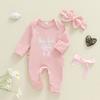 Citgeett Autumn Newborn Baby Girls Fall Romper Bow Letter Print Waffled Long Sleeve Jumpsuit Headband Spring Clothes