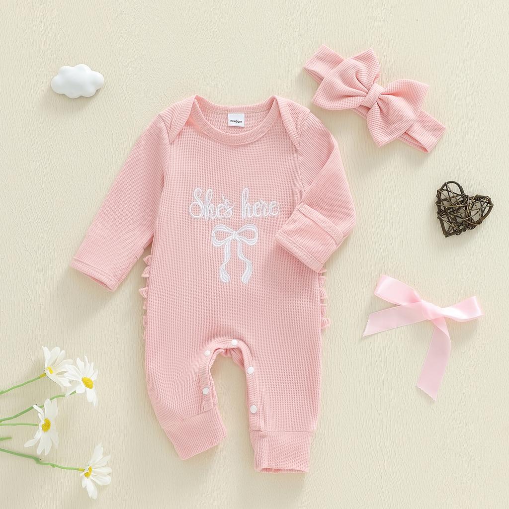 Citgeett Autumn Newborn Baby Girls Fall Romper Bow Letter Print Waffled Long Sleeve Jumpsuit Headband Spring Clothes