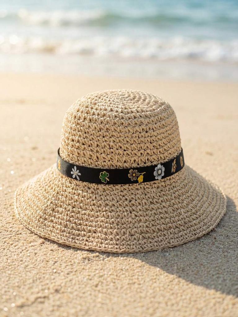 Womens Crochet Wide Brim Foldable Straw Hat For Beach Summer Vacation