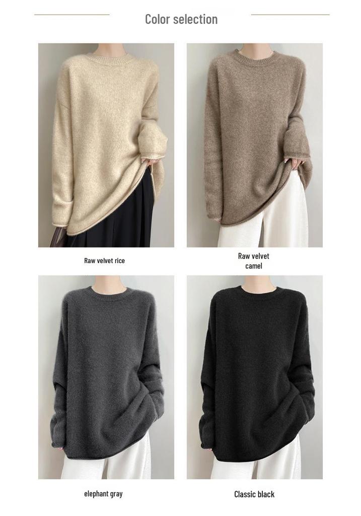 100% Pure Wool Women's Round Neck Knit Sweater - Long Sleeve, Loose, Lazy Style for Autumn/Winter
