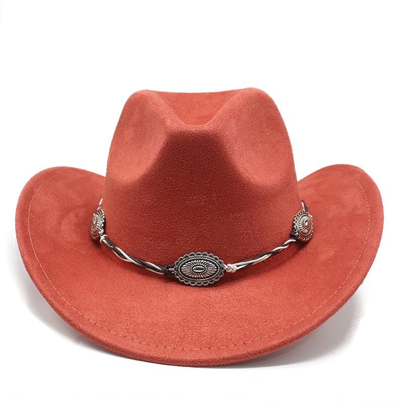 Semišový Upturned Edge Western Cowboy Klobouk Muži a ženy Outdoorový cestovní klobouk Rolled Brim Etnický styl Cylindr Plstěný klobouk