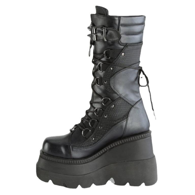 Slope heel knight boots women's new European and American large size punk style handsome thick-soled medium tube women's boots