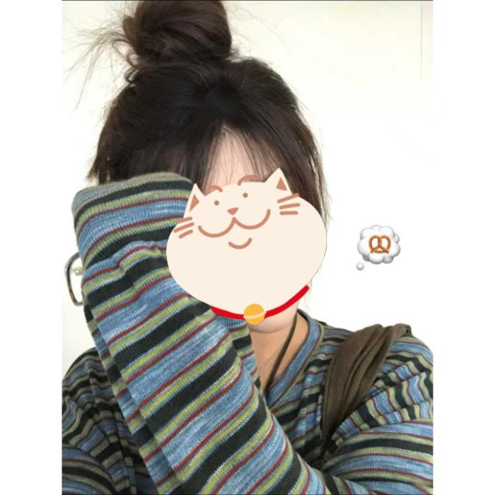 Korean retro design contrasting color striped long-sleeved T-shirt women s autumn niche casual loose lazy style top M