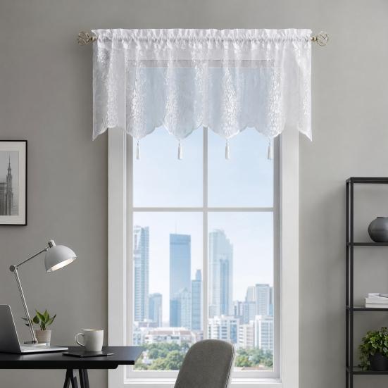 Spitzen-Fenstervorhang, Weißer Spitzen-Schiebegardine mit Quasten und Stangentasche, Vintage Lichtfilternder Fenstervorhang für das Wohnzimmer
