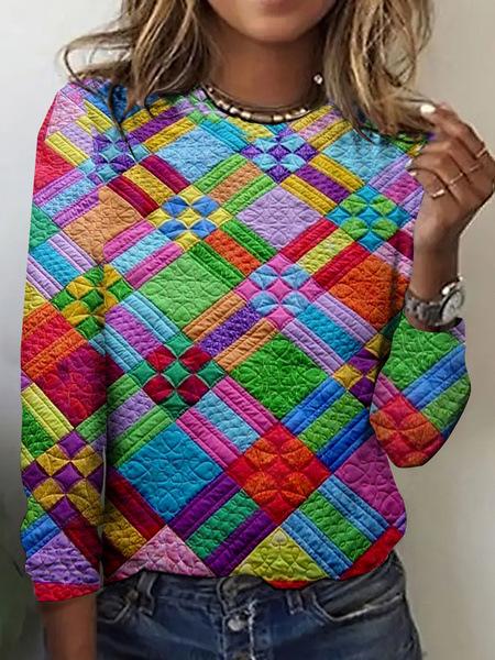 Round Neck 3D Flower Printed Top Fashionable Casual Long Sleeved Women's T-shirts