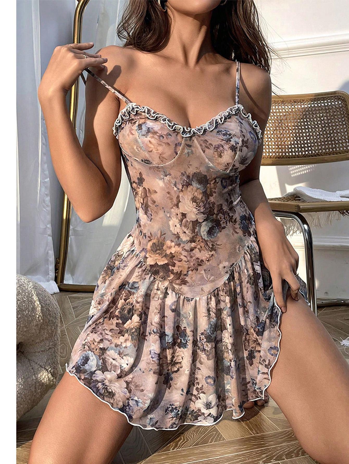 

Babydolls Цветочные плиссированные лифчики Короткая юбка и ночная рубашка Женская пижама Сексуальное женское белье Push Up для взрослых Сексуальные ночи M синий