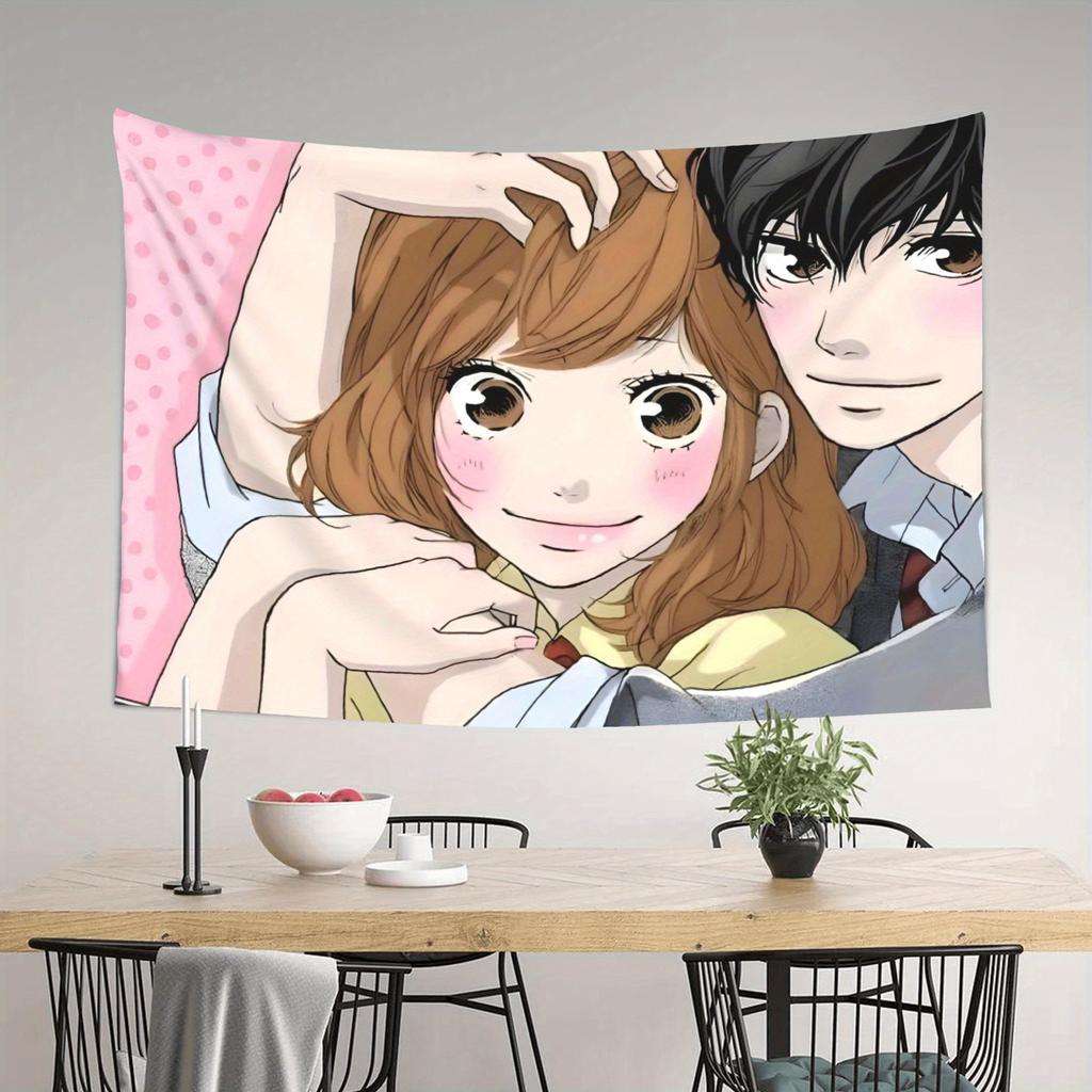 1pc Kawaii Anime School Couple Tapestry 2D Polyester Printed Pink Polka Dot Aesthetic Wall Decor for Bedroom Living Room Dorm Gi