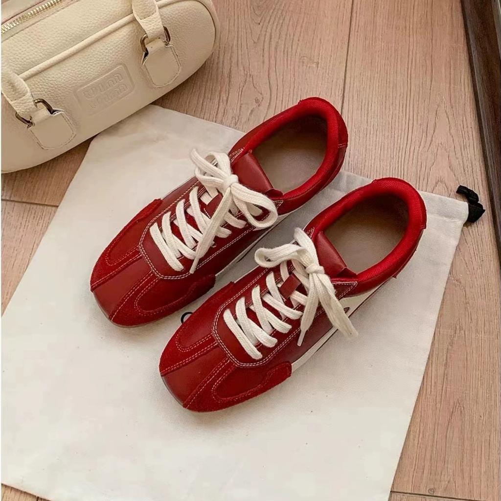 Cowhide Version of Grapes, the Same Fashionable Retro Contrasting Color Square Round Head Inner Height Increase Casual Board Shoes Women