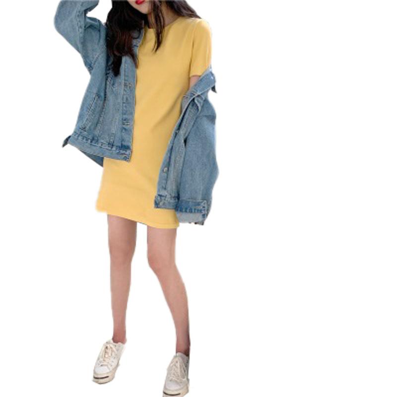 Summer New Korean Version Slim Fit Solid Color Short-sleeved T-shirt Women's Medium and Long Dress Women's Clothing Clothes