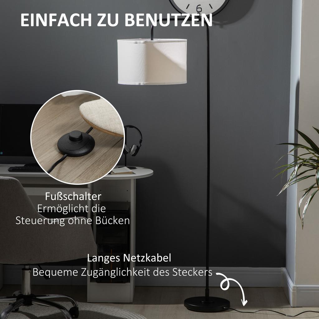 Floor Lamp with Foot Switch, Floor Light with Fabric Shade, Steel, White