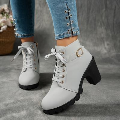 Women'S Mid-Heel Ankle Boots with Side Zipper - Comfortable Faux Cover, Decorative Buckle Design, All-Season Versatile Casual Shoes for Casual Attire