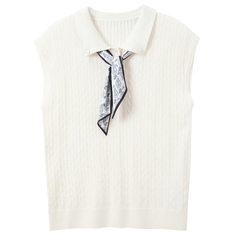 Sancai Summer Scarf Lapel Cable Knit Pullover Top M