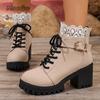 Women's  Winter New British Style Lace-Up High Heel Ankle Boots Plus Size Chunky Platform Lace Short Boots  De Mujer