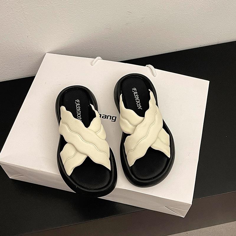 

Fashion casual cross-word slippers women s 2025 summer new lazy thick-bottomed open-toed vacation beach sandals tide 40 бежевый