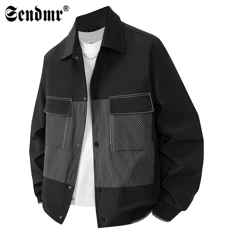 Light Luxury Striped Color-Block Jacket Men's Workwear Patchwork Turn-Down Collar Jacket Spring Autumn New Simple Casual Jacket