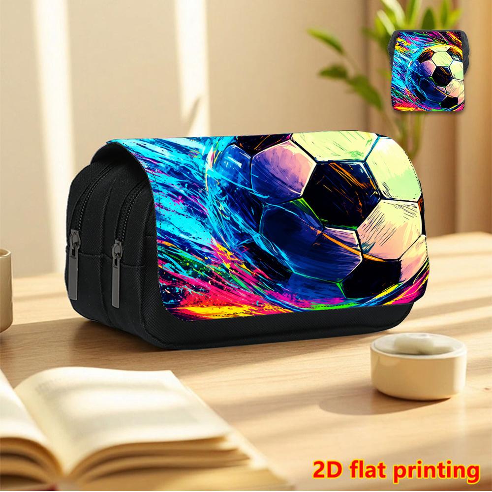 Colorful Flame Soccer Purple-Black Clown Mecha 2D Printed Double-Layer Flip-Top Black Pencil Case - Back-to-School Essential Pencil Box, Daily Multi-F