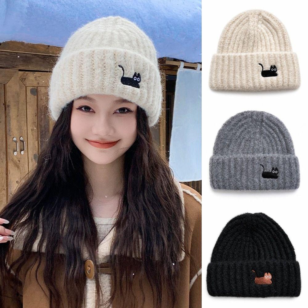 Soft Warm Beanie Hat Cat Embroidered Winter Thermal Cap New Knitted Woolen Hat  Women