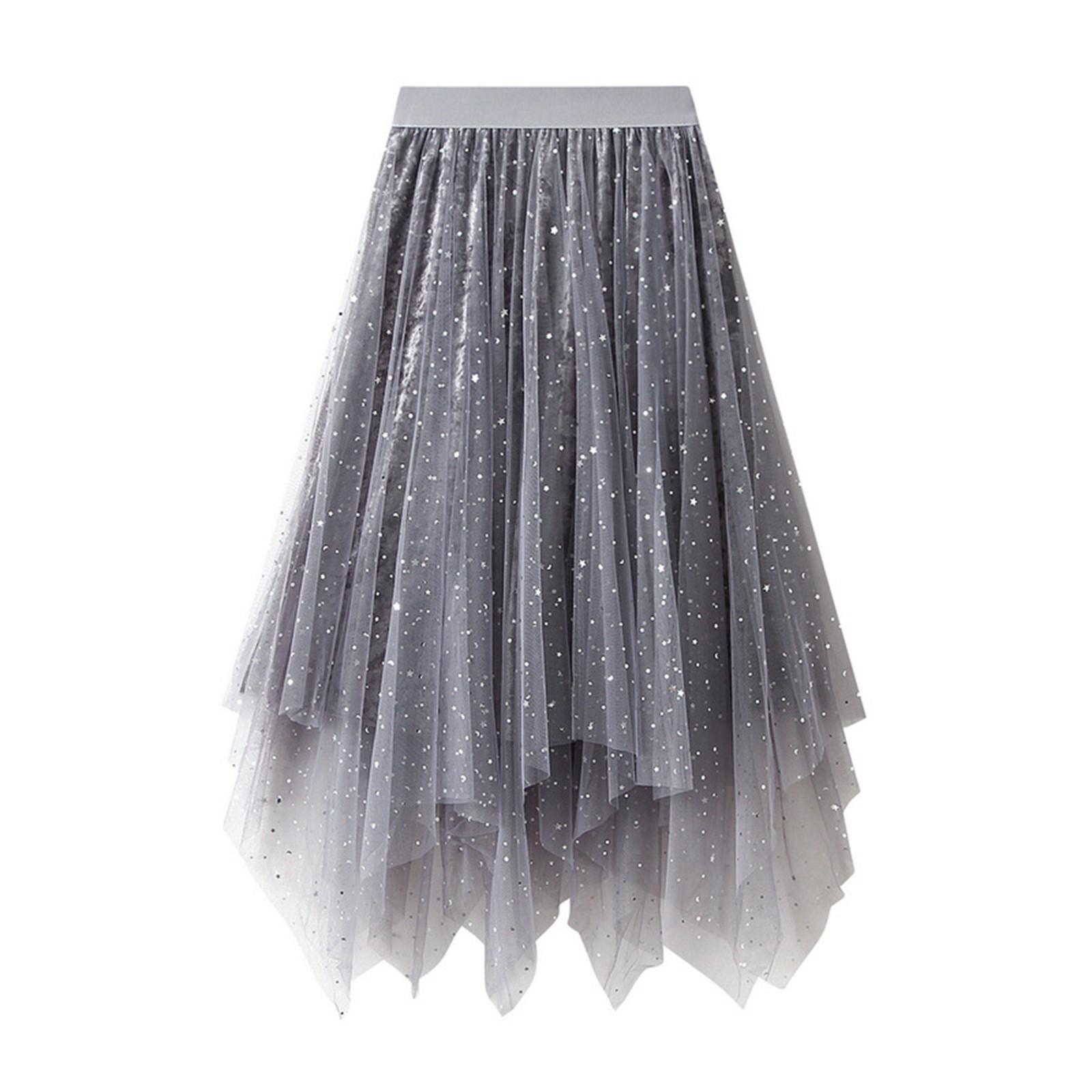 Women s Fashion Sequin Elastic Waist Irregular Mesh Half Length Skirt One Size
