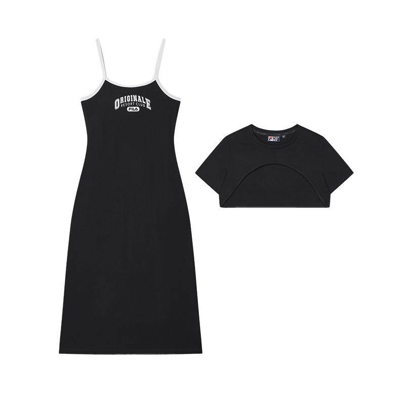 Fila Original Series Fashion Casual Sports Daily Breathable Round Neck Short Sleeve Dress Women Dresses Black F11W429304F-BK