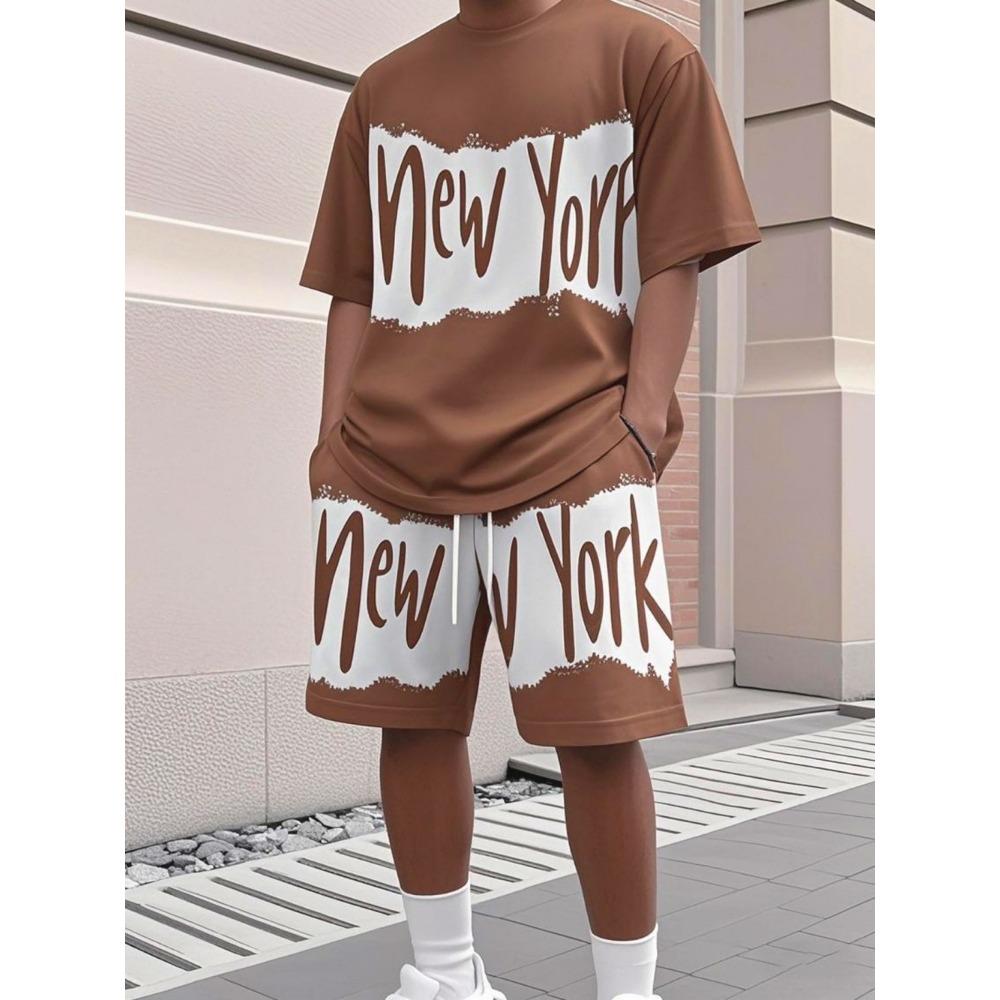 Fashionable Men's Summer Personalized Letter Print Soft and Breathable Round Neck T-shirt Shorts Set Outdoor Street Style Clothing
