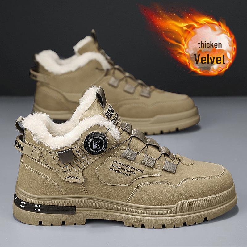 Xuheng Men's High-Top Martin Boots: Winter Plus Velvet, No-Lace, Rotating Buttons, Thick Leather, Warm and Casual.