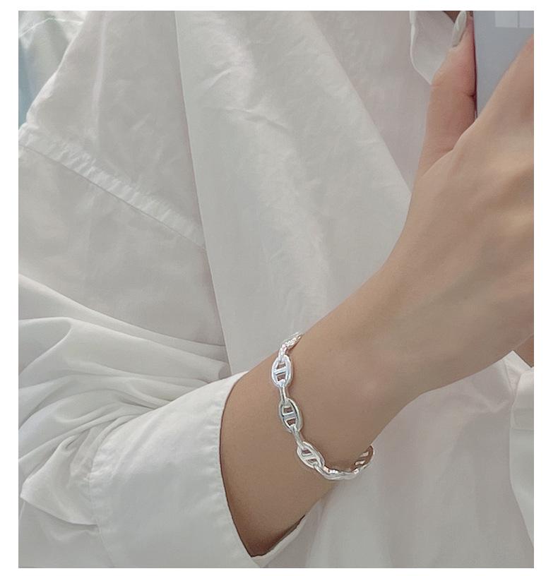 S925 Sterling Silver Korean Pig Nose Heavy Industry Bracelet - Fashionable Simple INS Style Bangle Jewelry.